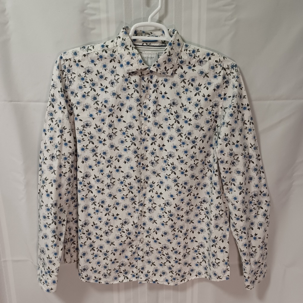Cactus Man Button Down Mens XL White Blue Ricky Singh Floral Long Sleeve Shirt